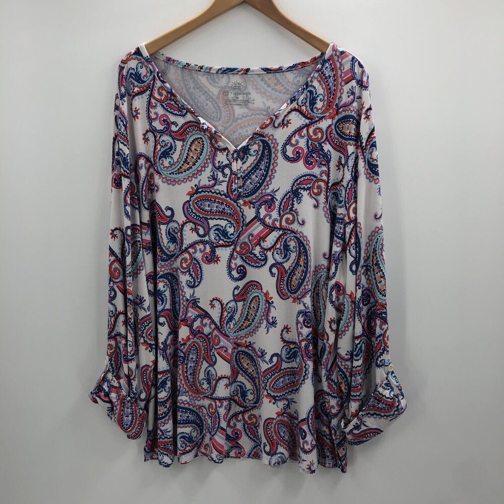 T by Talbots Womens 3X UPF 50 Paisley V Neck Roll Tab Sleeve Pullover - Picture 2 of 13